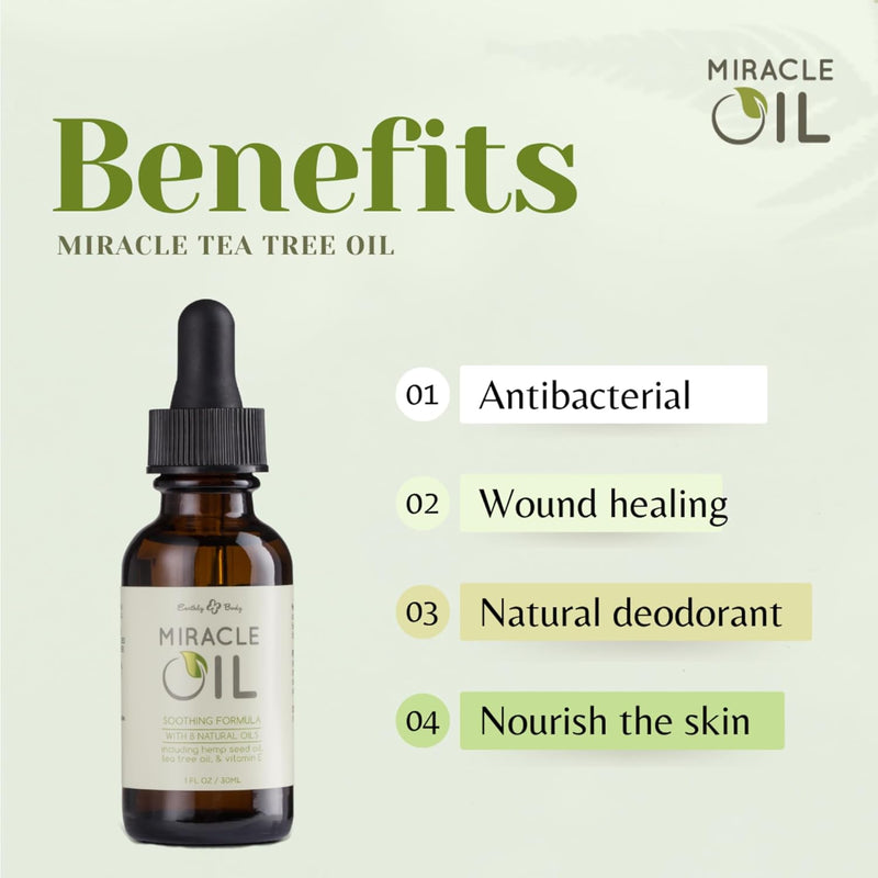 Earthly Body Miracle Oil - 100 % natūralus arbatmedžio, kanapių sėklų aliejus ir Vitaminas E, Unikalus veido serumas, ramina odos sudirgimus, padeda išlyginti raukšles, aliejinis veido serumas, kūno serumas