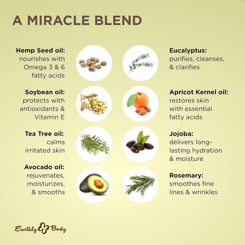 Earthly Body Miracle Oil - 100 % natūralus arbatmedžio, kanapių sėklų aliejus ir Vitaminas E, Unikalus veido serumas, ramina odos sudirgimus, padeda išlyginti raukšles, aliejinis veido serumas, kūno serumas
