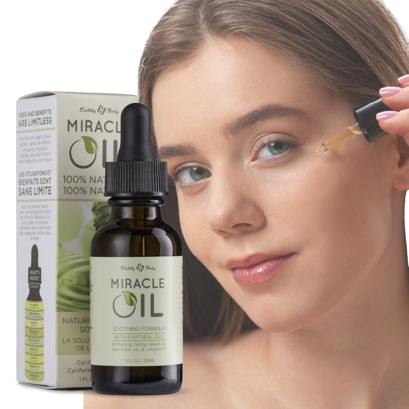 Earthly Body Miracle Oil - 100 % natūralus arbatmedžio, kanapių sėklų aliejus ir Vitaminas E, Unikalus veido serumas, ramina odos sudirgimus, padeda išlyginti raukšles, aliejinis veido serumas, kūno serumas