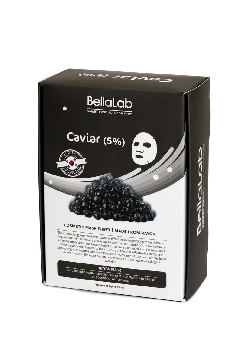 BellaLab Lakštinė Veido Kaukė su Juodaisiais Ikrais (5%), Cosmetic Cellulose Fiber Caviar Face Mask Sheets, ikrų veido kaukė, kaukė jautriai odai, raminanti veido kaukė, drėkinanti kaukė