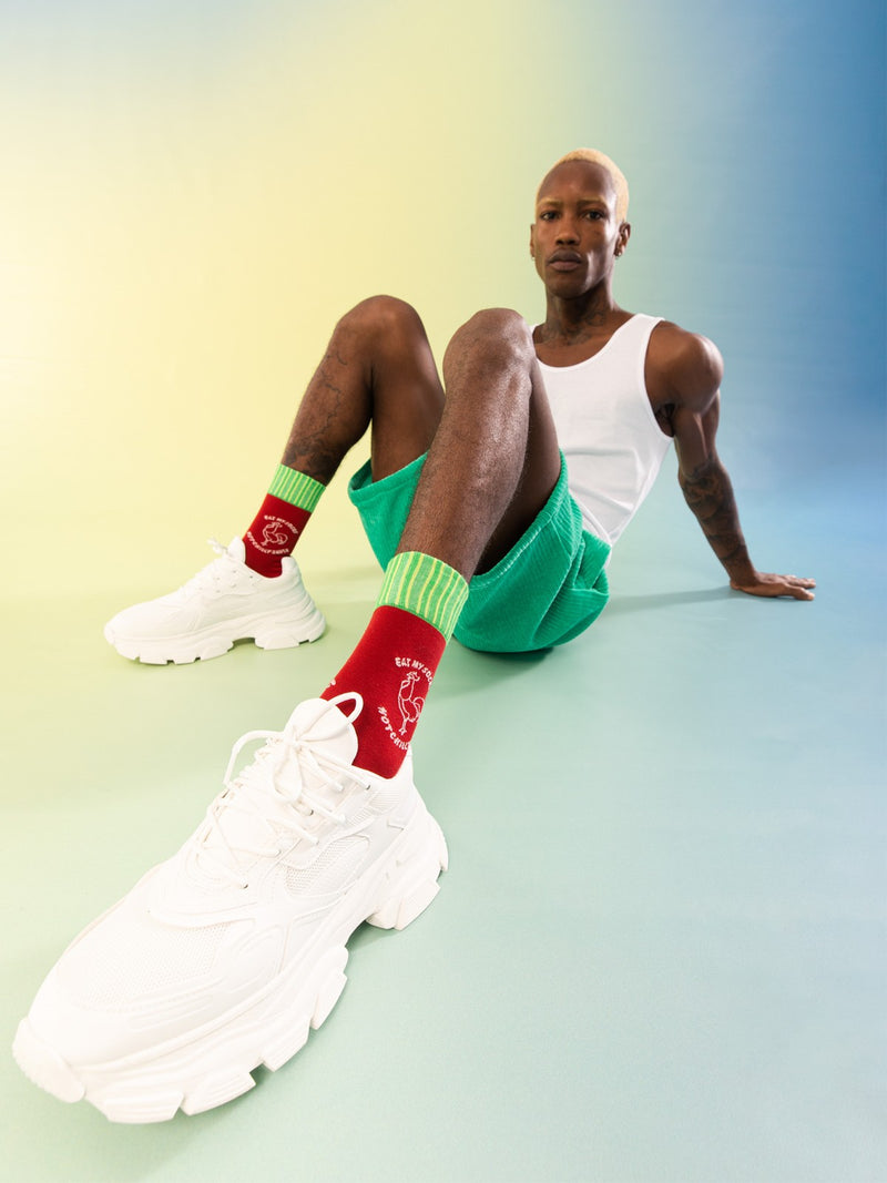 Kojinės aštrus padažas, žaismingos spalvotos kojinės, Originali dovana vyrams, moterims, vaikams ir paaugliams, universalus dydis, aštraus padažo formos kojinės  - EAT MY SOCKS Hot Sauce