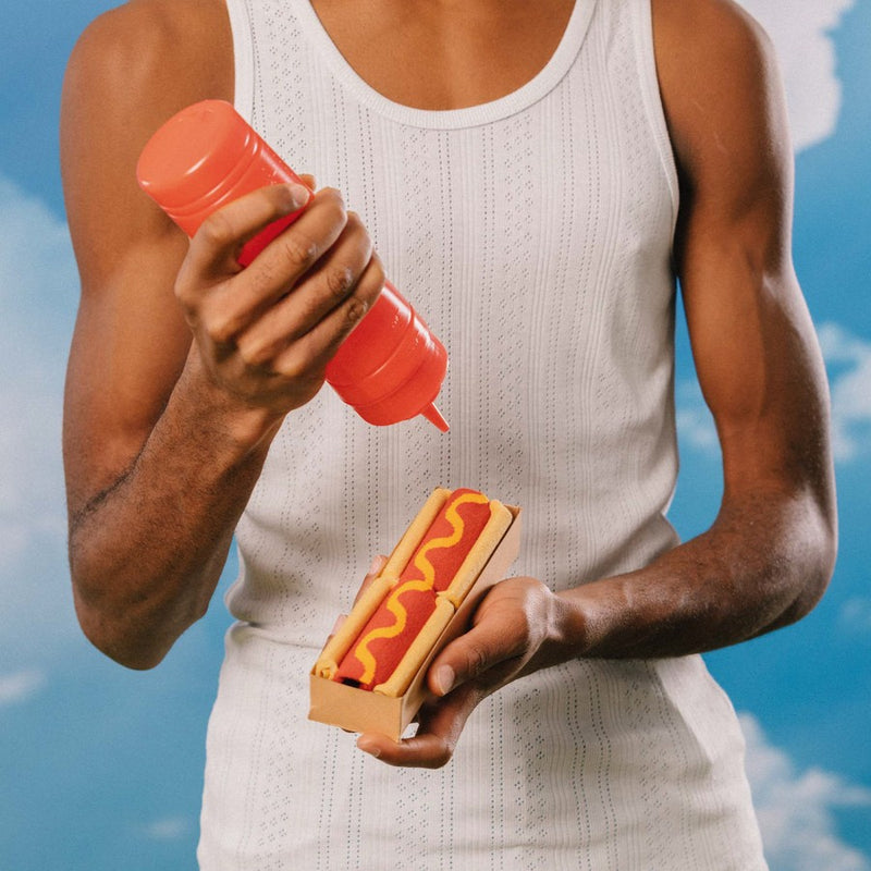 Kojinės Dešrainis su kečupu ir garstyčiomis, žaismingos spalvotos kojinės, Originali dovana vyrams, moterims, vaikams ir paaugliams, universalus dydis, dešrainio formos kojinės - EAT MY SOCKS Hot Dog