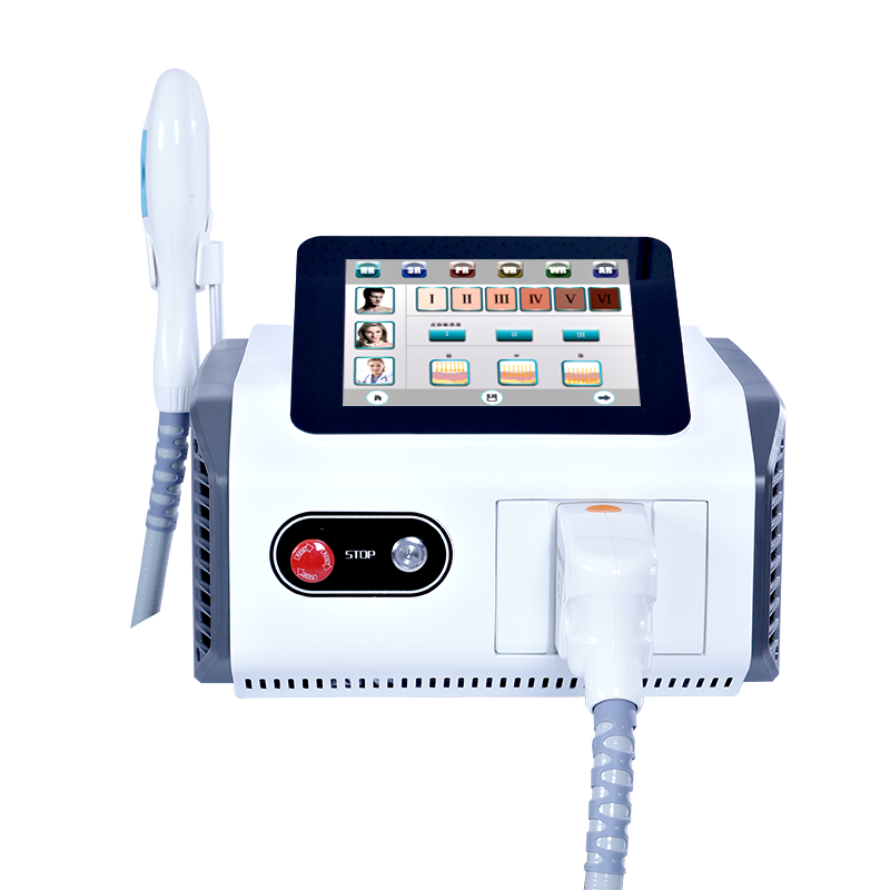 Baltas IPL plaukų šalinimo prietaisas ant stalo, su stambiu liečiamuoju ekranu ir imtuvo rankena šalia