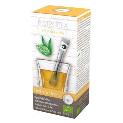 BISTRO TEA HERBS’N HONEY TEA STICKS, Ekologiška Žolelių Arbata su Mėtomis ir Medumi, 15 Arbatos Lazdelių, Ajurvedinė arbata, Arbata imunitetui, Atpalaiduojanti arbata, Arbata svorio mažinimui