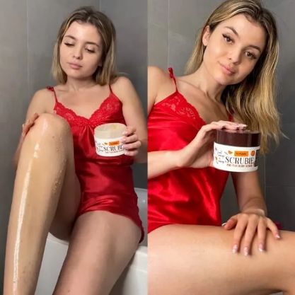 Kūno Šveitiklis prieš įdegė saulėje su Ruduoju Cukrumi, Mangais ir Apelsinais SCRUBIE - Bodybite