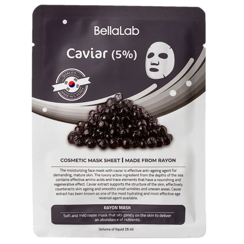 BellaLab Lakštinė Veido Kaukė su Juodaisiais Ikrais (5%), Cosmetic Cellulose Fiber Caviar Face Mask Sheets, ikrų veido kaukė, kaukė jautriai odai, raminanti veido kaukė, drėkinanti kaukė