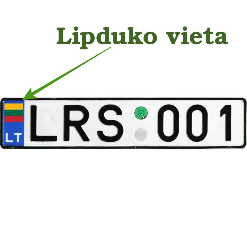 Rinkitės kokybiškus valstybinio numerio lipdukus su LT vėliava. Tinka visiems automobiliams, pristatymas Lietuvoje ir užsienyje