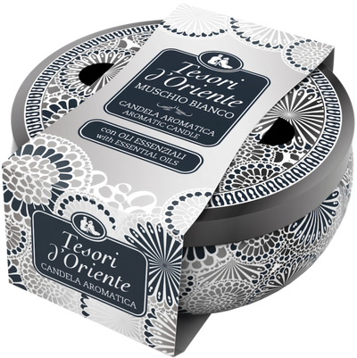 Tesori d'Oriente MUSCHIO BIANCO scented candle, perfumed candle, Parfumuota Kvepianti Namų Žvakė, aromatinė žvakė, muskuso kvapo žvakė, sojų vaško žvakė, stilinga kvepianti žvakė, rytietiško stiliaus žvakė, ilgai deganti žvakė