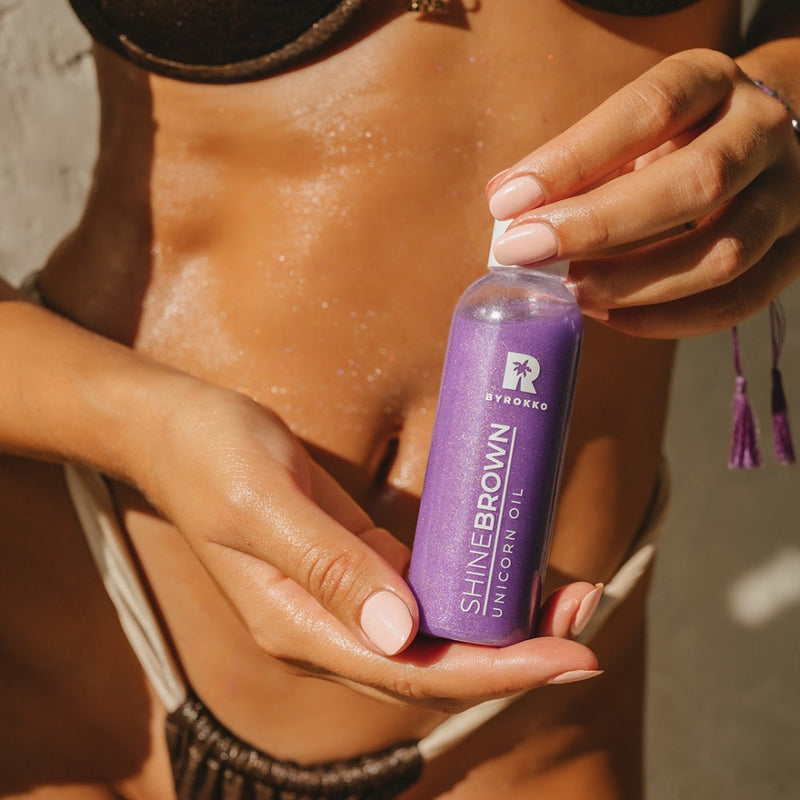BYROKKO Shine Brown Unicorn Oil - Kūno aliejus su blizgučiais, drėkina odą ir paryškina įdegį