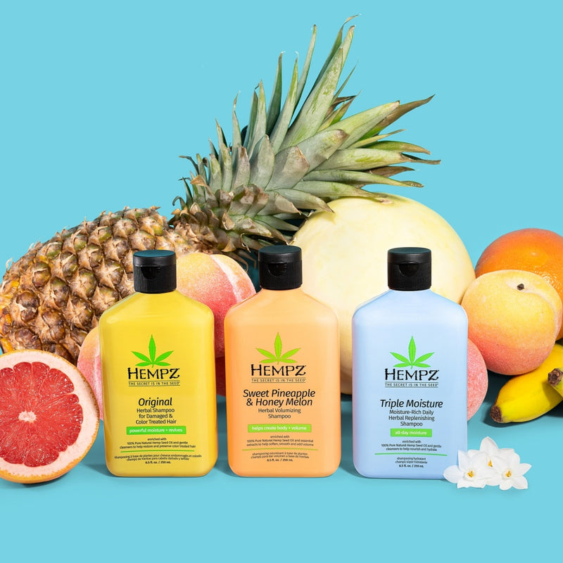 Hempz Sweet Pineapple & Honey Melon Apimties Suteikiantis Plaukų Šampūnas su Kanapių aliejumi sausiems ir ploniems plaukams, skatina plaukų augimą