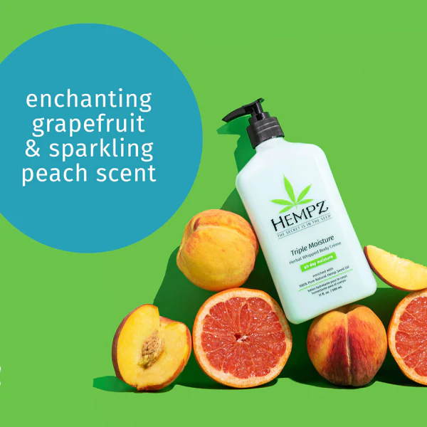 Hempz Greipfrutų ir Persikų Drėkinantis Kūno Kremas su Kanapių aliejumi intensyvai drėkina ir maitina net pačią sausiausią odą, išlaiko įdegį ilgiau - Triple Moisture Herbal Whipped Body Creme & Tan Extender