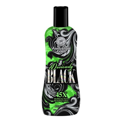 Soliariumo įdegio kremas ypač tamsiam įdegiui Australian Gold DEVIOUSLY BLACK 250ml su dideliu kiekiu DHA ir 45X bronzantais