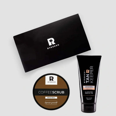 BYROKKO Rinkinys Tan Keeper Laipsniškas savaiminio įdegio kremas ir Coffee Scrub drėkinantis kūno šveitiklis su kava, skirtas veido ir kūno šveitimui
