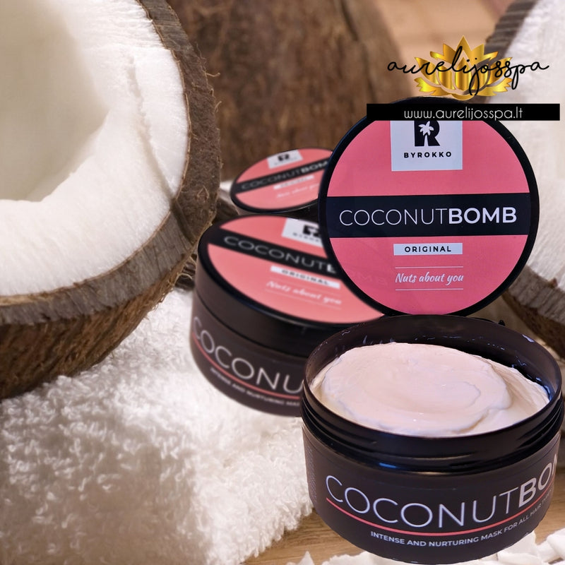 Maitinanti kokosų plaukų kaukė pažeistiems plaukams - BYROKKO