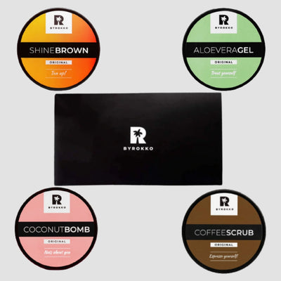 BYROKKO Rinkinys - Shine Brown Įdegio kremas, Aloe Vera Drėkinamasis gelis, Coffee Scrub Kūno šveitiklis su kava, Coconut Bomb Plaukų kaukė