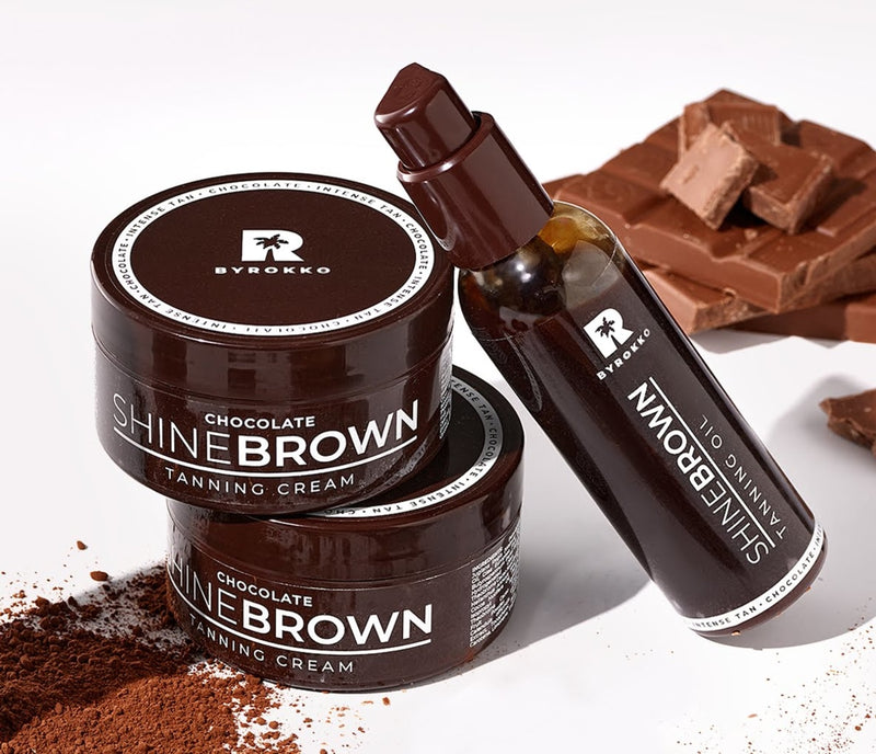 BYROKKO Rinkinys | Shine Brown Chocolate Įdegio kremas ir aliejus su šokoladu, įdegiui saulėje ir soliariume, neišryškina strazdanų, tinka jautriai odai