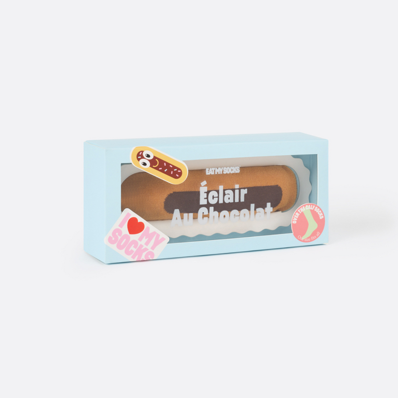 EAT MY SOCKS Éclair au Chocolat, Kojinės EKLERAS - Plikytas Pyragaitis su Šokoladu, žaismingos spalvotos kojinės, Originali dovana vyrams, moterims, vaikams ir paaugliams, universalus dydis, pyragaičio formos kojinės