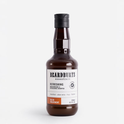 Beardburys Essential Refreshing Shampoo, Gaivinantis plaukų šampūnas su mentoliu, šaldančio efekto šampūnas, veganiškas šampūnas, šampūnas vyrams, vyriškas šampūnas, šampūnas storiems plaukams, šampūnas žiliems plaukams, šampūnas nuo pleiskanų