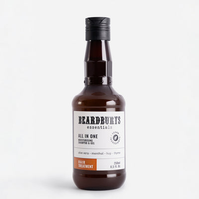 Beardburys Essential All in One Shampoo, Plaukų šampūnas ir kondicionierius viename, vyriškas kondicionierius, vėsinančio efekto šampūnas, veganiškas šampūnas, šampūnas vyrams, vyriškas šampūnas, šampūnas storiems plaukams, šampūnas žiliems plaukams, šampūnas nuo pleiskanų