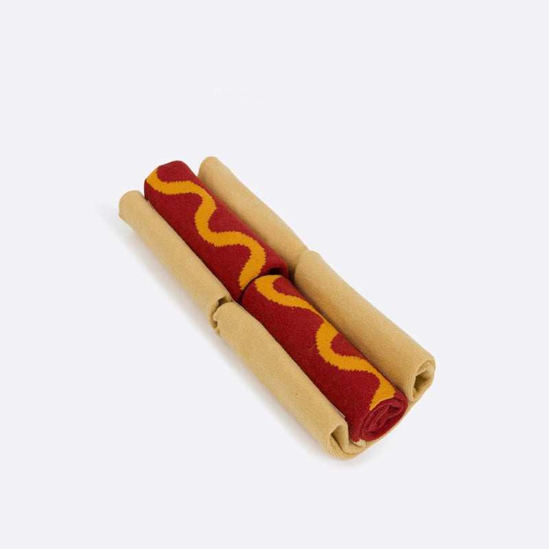 Kojinės Dešrainis su kečupu ir garstyčiomis, žaismingos spalvotos kojinės, Originali dovana vyrams, moterims, vaikams ir paaugliams, universalus dydis, dešrainio formos kojinės - EAT MY SOCKS Hot Dog