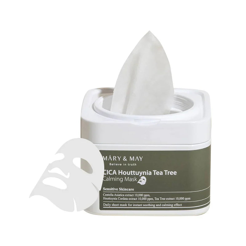 MARY&MAY CICA HOUTTUYNIA TEA TREE CALMING MASK 30PC LAKŠTINĖS VEIDO KAUKĖS grozioplanas.lt