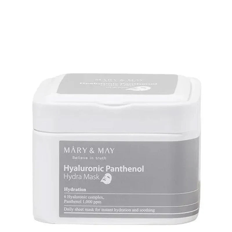 MARY&MAY HYALURONIC PANTHENOL HYDRA MASK 30PC LAKŠTINĖS VEIDO KAUKĖS grožioplanas.lt