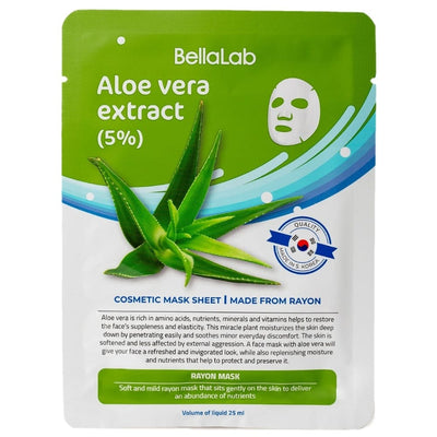 BellaLab Lakštinė Veido Kaukė su Aloe Vera (5%), Cosmetic Cellulose Fiber Face Mask Sheets, alijošiaus veido kaukė, kaukė jautriai odai, raminanti veido kaukė, drėkinanti kaukė