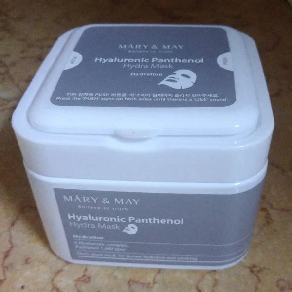 MARY&MAY HYALURONIC PANTHENOL HYDRA MASK 30PC LAKŠTINĖS VEIDO KAUKĖS grožioplanas.lt