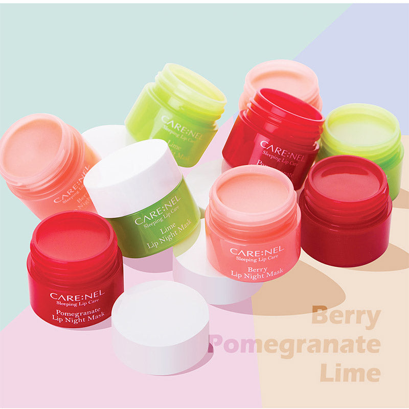 CARENEL Lip Night Mask Apricot, Berry lip mask, Lime lip mask, Pomegranate lip mask, Naktinė lūpų kaukė su abrikosais, šveičiamoji lūpų kaukė, naktinė lūpų kaukė su miško uogomis, naktinė lūpų kaukė su laimu, lūpų balzamas su miško uogomis, vaisių skonio lūpų balzamas