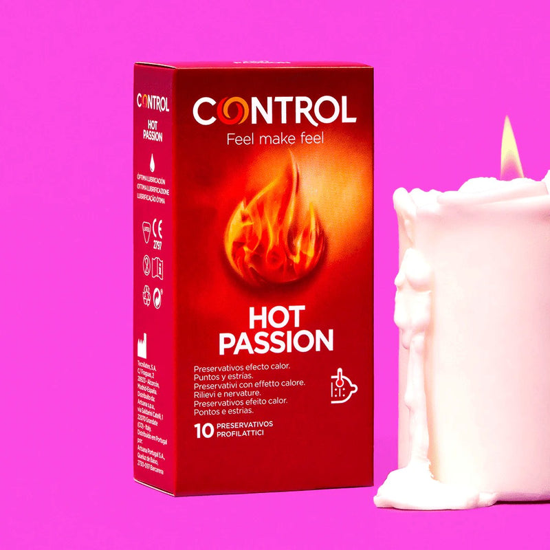 Šildančio efekto stimuliuojantys latekso prezervatyvai CONTROL Hot Passion, skirti vaginaliniam, oraliniam ir analiniam seksui