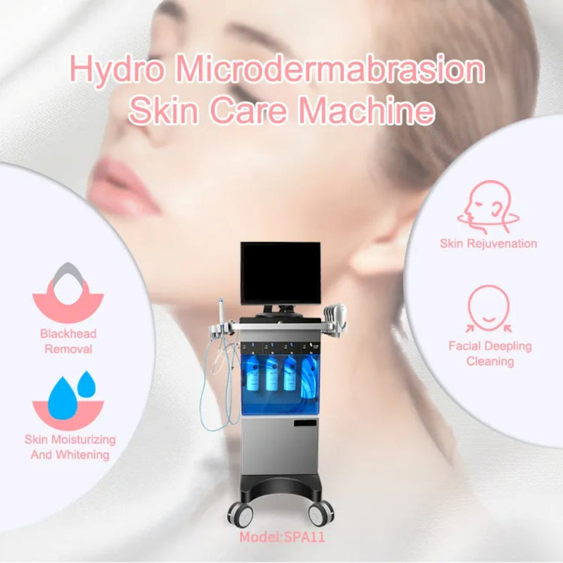 Original HydraFacial machine Elite Tower with wireless red and blue LED light therapy, face and body lymphatic drainage handpiece, face skin analyzer, discounted price - AurelijosSPA