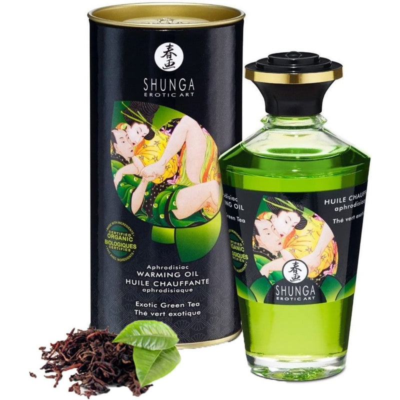 Šildantis afrodiziako masažo aliejus su Žaliąja arbata, skirtas erotiniam viso kūno masažui, 100% natūralus ir valgomas - SHUNGA Aphrodisiac Warming massage Oil