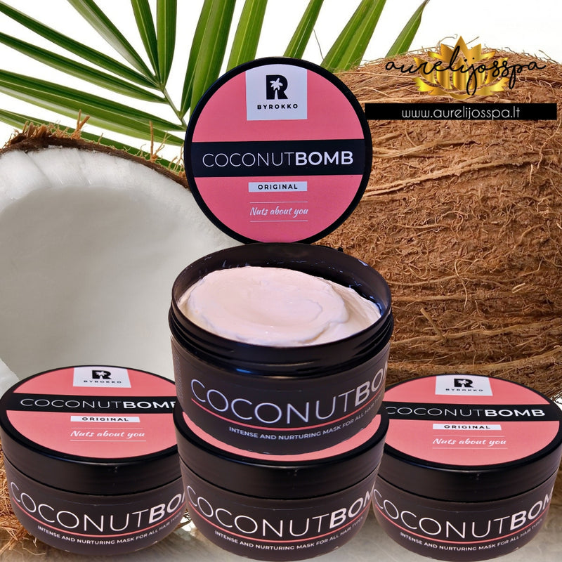 Maitinanti kokosų plaukų kaukė pažeistiems plaukams - BYROKKO