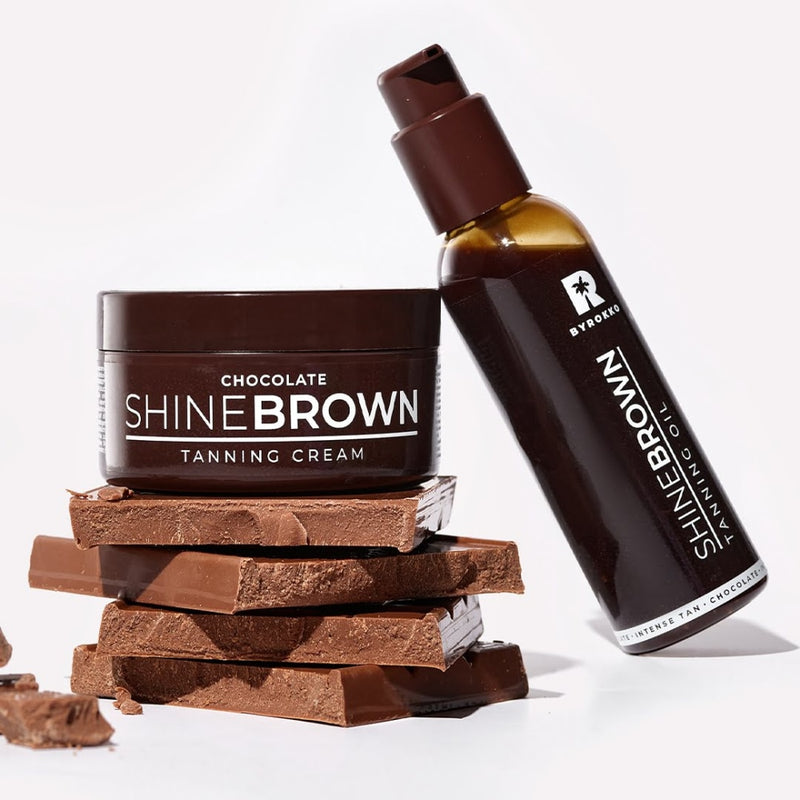BYROKKO Rinkinys | Shine Brown Chocolate Įdegio kremas ir aliejus su šokoladu, įdegiui saulėje ir soliariume, neišryškina strazdanų, tinka jautriai odai